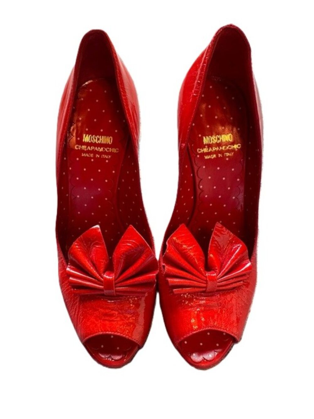 Moschino Cheap and Chic Red Patent Leather Bow Peep Toe Heels  Italy Size 37 5”